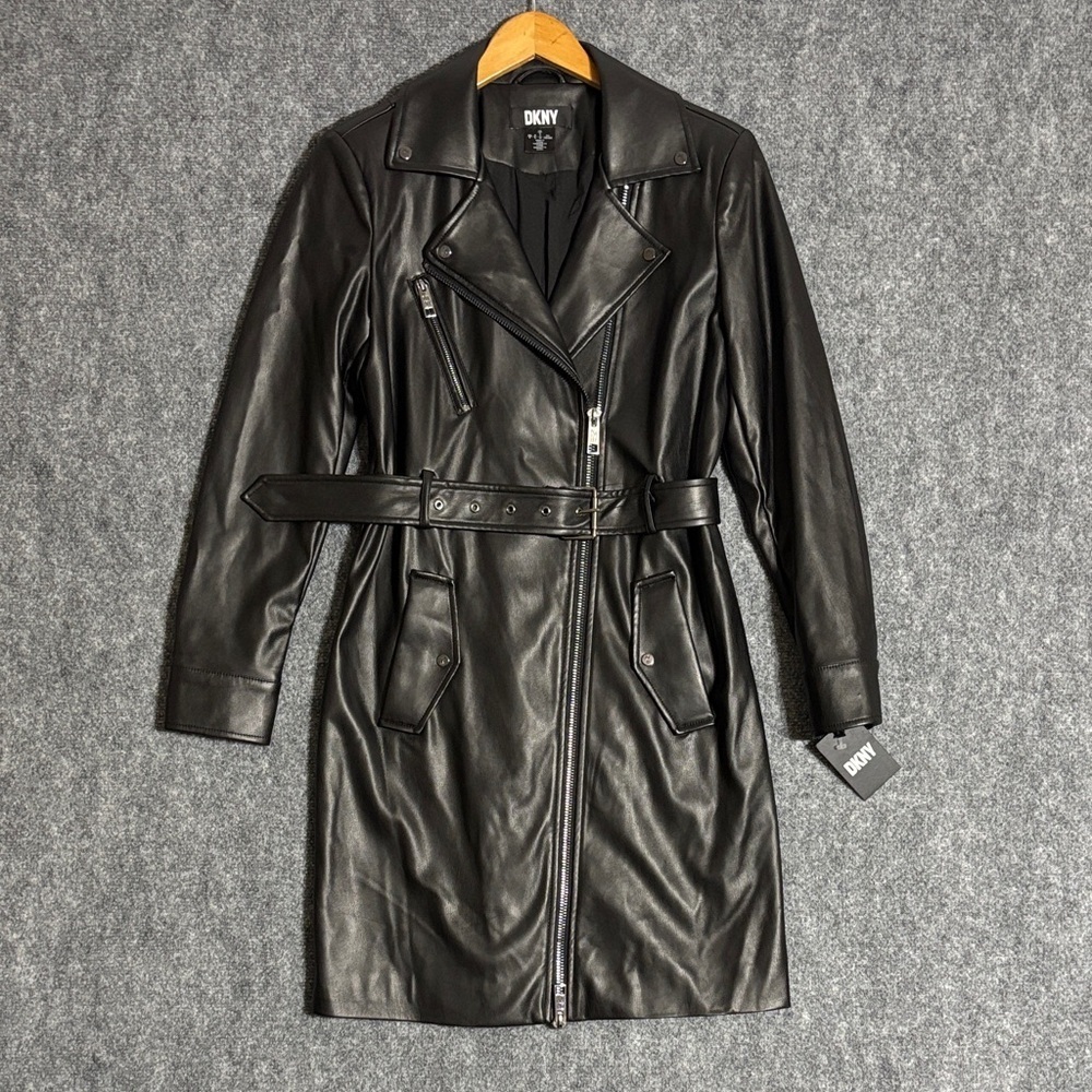 DKNY Faux Leather Moto Dress Black Belted Zip NWT Size Small